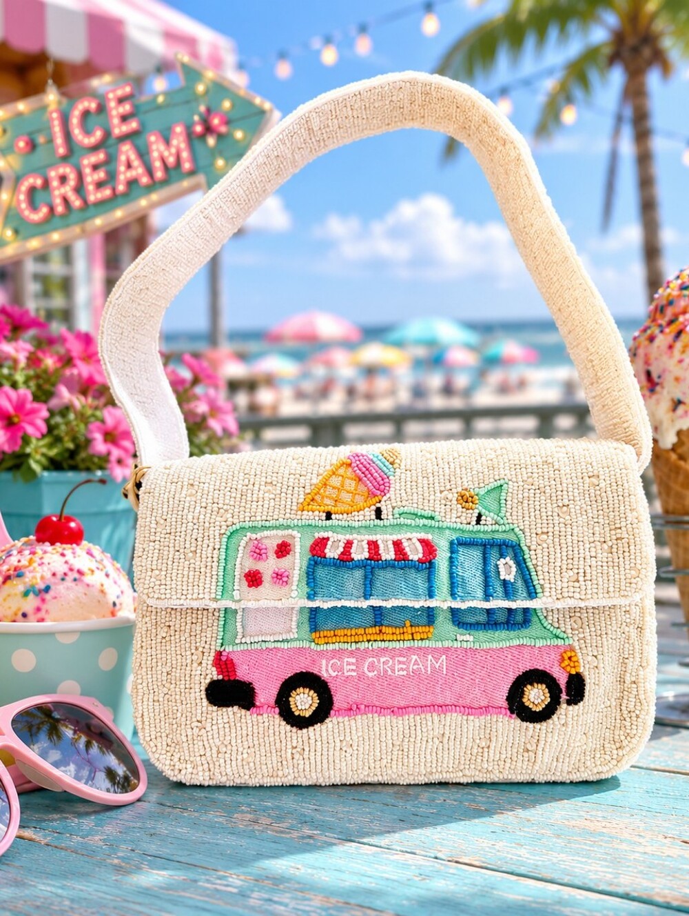 NEW Beaded Ice Cream Truck Shoulder  Bag - White with Pink & Aqua Embroidery